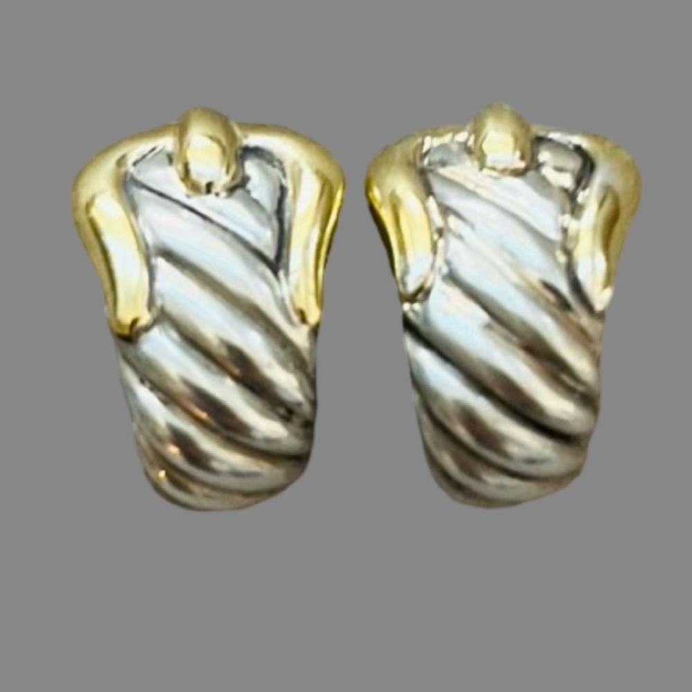 David Yurman 18 Karat Yellow Gold & Sterling Silver Belt Buckle Earrings - Picture 3 of 8